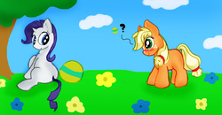 Size: 9312x4824 | Tagged: safe, applejack, rarity, g4, absurd resolution, ball, filly