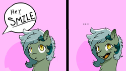 Size: 1166x663 | Tagged: artist needed, safe, artist:cherry, oc, oc only, oc:nisha, bat pony, pony, ..., bojack horseman, comic, dialogue, drawthread, fangs, hank after dark, open mouth, reference, smiling, solo, teeth