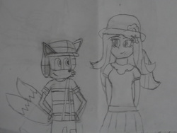Size: 1024x768 | Tagged: safe, artist:brandonale, fluttershy, equestria girls, g4, clothes, cosplay, costume, crossover, el chavo, el chavo del 8, fluttertails, male, miles "tails" prower, monochrome, paty, sonic the hedgehog (series), traditional art