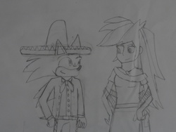 Size: 1024x768 | Tagged: safe, artist:brandonale, rainbow dash, equestria girls, g4, clothes, costume, crossover, crossover shipping, female, independence day, male, mexican, mexican independence day, mexico, monochrome, shipping, sonic the hedgehog, sonic the hedgehog (series), sonicdash, straight, traditional art