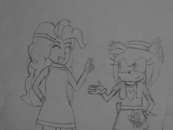 Size: 1024x768 | Tagged: safe, artist:brandonale, pinkie pie, equestria girls, g4, amy rose, clothes swap, crossover, monochrome, sonic the hedgehog (series), traditional art