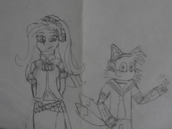 Size: 1024x768 | Tagged: safe, artist:brandonale, fluttershy, equestria girls, g4, clothes, cosplay, costume, crossover, fluttertails, kagamine len, male, megurine luka, miles "tails" prower, monochrome, sonic the hedgehog (series), traditional art, vocaloid