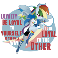 Size: 900x900 | Tagged: safe, artist:lima-hibiki, rainbow dash, pegasus, pony, equestria girls, g4, element of loyalty, female, loyalty, quote, solo