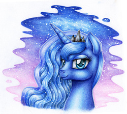 Size: 945x846 | Tagged: safe, artist:evomanaphy, princess luna, alicorn, pony, g4, female, looking at you, pencil drawing, portrait, solo, stars, traditional art