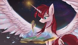 Size: 7500x4342 | Tagged: safe, artist:ardail, oc, oc only, oc:fausticorn, alicorn, pony, absurd resolution, book, canterlot, cloud, cloudy, ear fluff, equestria, feather, magic, mountain, pen, solo, spread wings, stars, storybook, telekinesis
