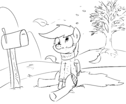 Size: 792x660 | Tagged: artist needed, safe, derpy hooves, pegasus, pony, g4, autumn, blushing, clothes, drawthread, female, leaves, mailbox, mare, monochrome, sitting, solo, sweater, tree, turtleneck, wind