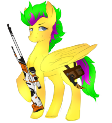 Size: 1091x1200 | Tagged: safe, oc, oc only, oc:muddy, pegasus, pony, asiimov, awp, counter-strike, counter-strike: global offensive, gun, hooves, karambit, looking at you, male, optical sight, rifle, saddle bag, simple background, smiling, sniper, sniper rifle, solo, stallion, tiger tooth, transparent background, weapon, wings