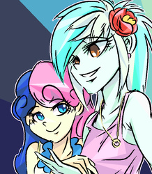 Size: 699x800 | Tagged: safe, artist:tyuubatu, bon bon, lyra heartstrings, sweetie drops, equestria girls, g4, clothes, female, flower, flower in hair, holding hands, jewelry, lesbian, necklace, ship:lyrabon, shipping, simple background, smiling