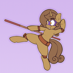 Size: 1280x1274 | Tagged: safe, artist:stunnerpone, oc, oc only, oc:choco marshmallow, pony, armpits, bo staff, clothes, costume, donatello, solo, staff, teenage mutant ninja turtles, weapon