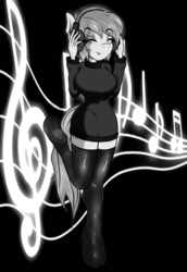 Size: 1874x2723 | Tagged: safe, artist:derpyramone, oc, oc only, oc:reppy, earth pony, anthro, big breasts, breasts, clothes, curvy, eyes closed, female, happy, headphones, hourglass figure, latex, latex socks, monochrome, music notes, raised leg, simple background, smiling, socks, solo, stockings, sweater, thigh highs, turtleneck