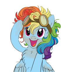 Size: 736x730 | Tagged: safe, artist:carnifex, rainbow dash, pegasus, pony, g4, alternate hairstyle, chest fluff, cute, dashabetes, dirt, dirty, female, fluffy, goggles, happy, looking at you, mare, messy mane, open mouth, simple background, smiling, solo, spread wings