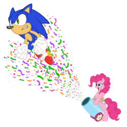 Size: 600x600 | Tagged: safe, alternate version, artist:snicket324, pinkie pie, earth pony, hedgehog, pony, g4, cannon, confetti, crossover, duo, female, male, party cannon, simple background, sonic the hedgehog, sonic the hedgehog (series), transparent background, vector
