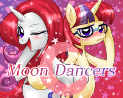 Size: 1000x800 | Tagged: safe, artist:jurisalis, moondancer, pony, amending fences, g4, bipedal, blushing, duality, frown, glasses, open mouth, pixiv, smiling, sparkles, square crossover, stars, wavy mouth, wink