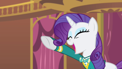 Size: 1280x720 | Tagged: safe, screencap, rarity, pony, unicorn, filli vanilli, g4, clothes, eyes closed, female, mare, open mouth, ponytones outfit, raised hoof, solo