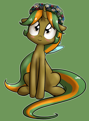 Size: 980x1326 | Tagged: safe, artist:whatsapokemon, oc, oc only, oc:keepsake, pony, unicorn, blushing, female, filly, floppy ears, floral head wreath, flower, green background, offspring, parent:oc:appel, parent:oc:sketchy skylar, parents:appelskylar, parents:oc x oc, simple background, solo