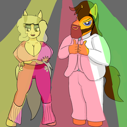 Size: 1280x1280 | Tagged: safe, artist:the-bearded-pony, oc, oc only, oc:hellen lockheart, oc:steel plate, anthro, 70's fashion, anthro oc, big breasts, breasts, cleavage, disco, female, huge breasts, male