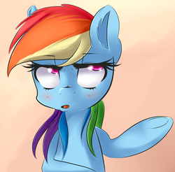 Size: 1280x1262 | Tagged: safe, artist:sourspot, rainbow dash, g4, female, gradient background, raised hoof, solo, unamused