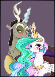 Size: 1010x1410 | Tagged: safe, artist:chocolateponi, discord, princess celestia, g4, female, male, ship:dislestia, shipping, straight