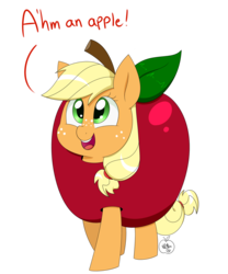Size: 1500x1800 | Tagged: safe, artist:notenoughapples, applejack, pony, g4, apple, apple costume, clothes, costume, cute, female, filly, food, food costume, jackabetes, silly, silly pony, solo, that pony sure does love apples, truth, who's a silly pony, younger