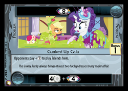 Size: 500x358 | Tagged: safe, enterplay, apple bloom, applejack, rarity, smooze, equestrian odysseys, g4, make new friends but keep discord, my little pony collectible card game, ccg, clothes, dress, gala dress