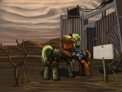 Size: 1100x825 | Tagged: safe, artist:nukechaser, fallout equestria, caravan, guard, hug