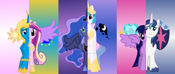 Size: 1600x677 | Tagged: dead source, safe, artist:kindkristy99, princess cadance, princess celestia, princess luna, shining armor, twilight sparkle, oc, oc:timor, alicorn, pony, g4, magical mystery cure, alicorn oc, deviantart watermark, obtrusive watermark, twilight sparkle (alicorn), watermark