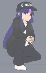 Size: 944x1500 | Tagged: safe, artist:jonfawkes, twilight sparkle, human, g4, cap, clothes, commission, eazy-e, female, hat, humanized, nwa, patreon, shoes, simple background, solo, straight outta compton, swag