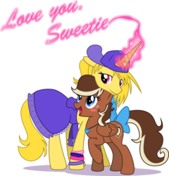 Size: 5337x5552 | Tagged: safe, artist:inuhoshi-to-darkpen, oc, oc only, oc:sunshine, oc:sweet cocoa, pegasus, pony, unicorn, absurd resolution, blushing, clothes, female, hat, hoodie, lesbian, magic writing, ribbon, simple background, transparent background, vector