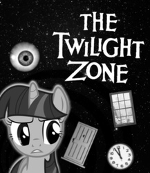 Size: 730x840 | Tagged: safe, artist:dekiel00, twilight sparkle, pony, unicorn, g4, clock, door, eye, female, monochrome, pun, solo, the twilight zone, unicorn twilight, window