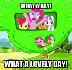 Size: 540x530 | Tagged: safe, edit, edited screencap, screencap, apple bloom, pinkie pie, scootaloo, sweetie belle, earth pony, pony, unicorn, g4, one bad apple, caption, cutie mark crusaders, female, filly, image macro, lettuce, mad max, mad max fury road, mare, meme, nux