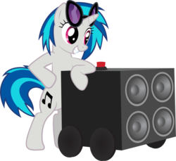 Size: 1024x937 | Tagged: safe, artist:ah-darnit, dj pon-3, vinyl scratch, pony, unicorn, g4, bass cannon, bipedal, cutie mark, female, hooves, horn, mare, simple background, smiling, solo, sunglasses, teeth, transparent background, vector, vinyl's glasses