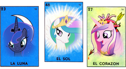 Size: 764x423 | Tagged: safe, artist:drpain, princess cadance, princess celestia, princess luna, g4, bingo, loteria, spanish, translated in the comments