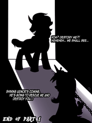 Size: 1000x1333 | Tagged: safe, artist:meggchan, king sombra, princess cadance, pony, unicorn, comic:princess cadance x king sombra, g4, bondage, chains, comic, dialogue, duo, explicit source, female, grin, male, misspelling, ship:somdance, shipping, silhouette, straight