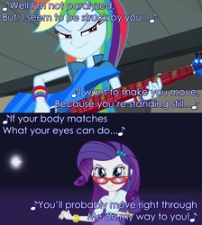 Size: 1280x1429 | Tagged: safe, rainbow dash, rarity, equestria girls, g4, life is a runway, my little pony equestria girls: rainbow rocks, female, finger eleven, image macro, implied shipping, lesbian, meme, paralyzer, ship:raridash, shipping, smugdash, song reference