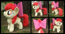 Size: 3330x1754 | Tagged: safe, artist:peruserofpieces, apple bloom, earth pony, pony, g4, accessory, bow, female, filly, from behind, happy, irl, photo, plushie, profile, ribbon, smiling, solo