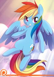 Size: 495x700 | Tagged: safe, artist:ende26, rainbow dash, g4, backwards cutie mark, female, grin, looking at you, patreon, smirk, solo, spread wings