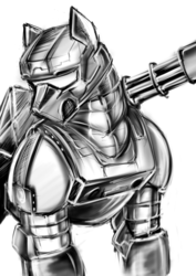 Size: 463x655 | Tagged: safe, artist:lachasseauxhiboux, fallout equestria, black and white, grayscale, minigun, steel ranger