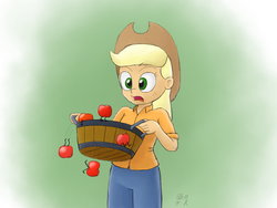 Size: 2736x2052 | Tagged: safe, artist:mkogwheel, applejack, human, g4, apple, basket, bushel basket, female, high res, humanized, solo