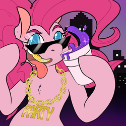 Size: 1280x1280 | Tagged: safe, artist:kittentoots, pinkie pie, g4, bipedal, chest fluff, colored pupils, drink, female, jewelry, necklace, purple drank, skyline, solo, sunglasses, tongue out