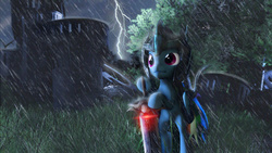 Size: 3840x2160 | Tagged: safe, artist:sindroom, rainbow dash, g4, 3d, 4k, armor, epic, high res, lightning, rain, ruins, source filmmaker, storm, sword