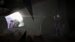 Size: 1920x1080 | Tagged: safe, artist:thefakedreel, rainbow dash, starlight glimmer, twilight sparkle, alicorn, pony, g4, 3d, cave, female, hiding, lens flare, mare, source filmmaker, tunnel, twilight sparkle (alicorn)