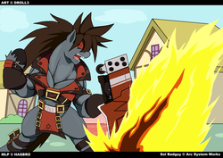 Size: 1279x905 | Tagged: safe, artist:droll3, semi-anthro, crossover, guilty gear, guilty gear xrd sign, ponified, ponyville, sol badguy, solo