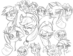 Size: 3300x2550 | Tagged: safe, artist:leadhooves, applejack, fluttershy, pinkie pie, rainbow dash, rarity, twilight sparkle, earth pony, pegasus, pony, unicorn, g4, female, grayscale, group, mane six, monochrome, simple background, white background