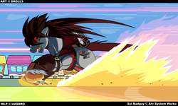 Size: 1277x766 | Tagged: safe, artist:droll3, crossover, friendship express, guilty gear, ponified, running, sol badguy, solo, train