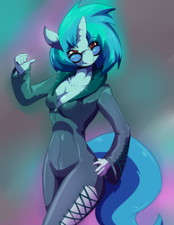 Size: 1280x1647 | Tagged: safe, alternate version, artist:helixjack, artist:shinypoochyena, dj pon-3, vinyl scratch, unicorn, anthro, g4, 2015, abstract background, bedroom eyes, biker, breasts, cleavage, clothes, colored, female, outfit, sexy, solo, sunglasses