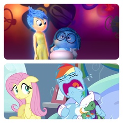 Size: 1500x1500 | Tagged: safe, fluttershy, rainbow dash, tank, g4, tanks for the memories, 2015, bathrobe, clothes, comparison, crying, disney, inside out, joy (inside out), juxtaposition, lol, nightgown, pixar, sadness (inside out)