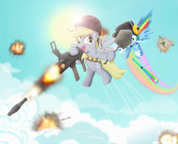 Size: 980x791 | Tagged: safe, artist:dan232323, derpy hooves, rainbow dash, pegasus, pony, g4, derpy soldier, explosion, female, mare, muffin, rainbow scout, scout (tf2), soldier, soldier (tf2), team fortress 2, weapon