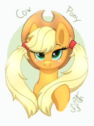 Size: 900x1200 | Tagged: safe, artist:joakaha, applejack, g4, alternate hairstyle, female, looking at you, smiling, solo, twintails