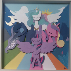 Size: 843x841 | Tagged: safe, artist:shpooshadowboxes, princess cadance, princess celestia, princess luna, twilight sparkle, alicorn, pony, g4, alicorn tetrarchy, craft, eyes closed, female, mare, shadowbox, smiling, spread wings, twilight sparkle (alicorn)