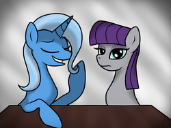 Size: 1024x768 | Tagged: safe, artist:pinkamenascratch, maud pie, trixie, pony, unicorn, g4, female, mare, smiling